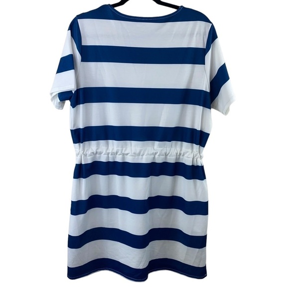 Belinda Cinched Waist with Tie Blue and White Striped Short Sleeve Mini Dress - Picture 5 of 7